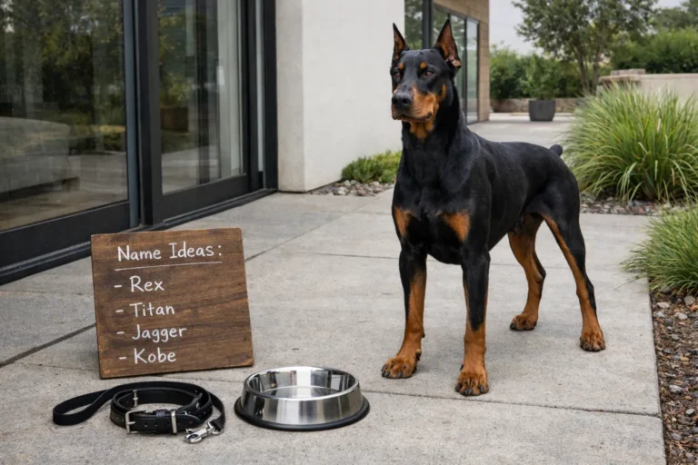 Confident Doberman standing beside bold name choices