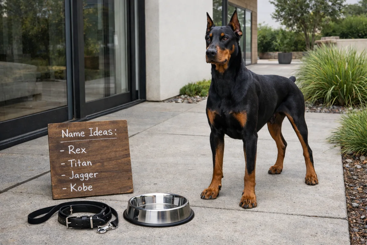 Confident Doberman standing beside bold name choices