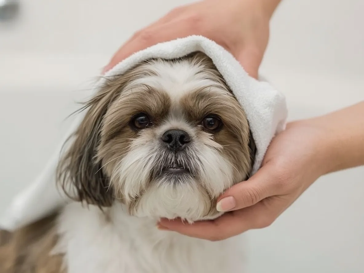 shih tzu being gently cleaned with soft towel after bath