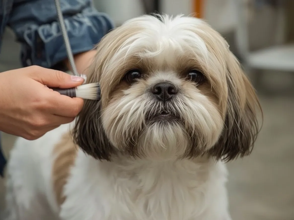 shih tzu with long coat being brushed calmly indoor grooming moment