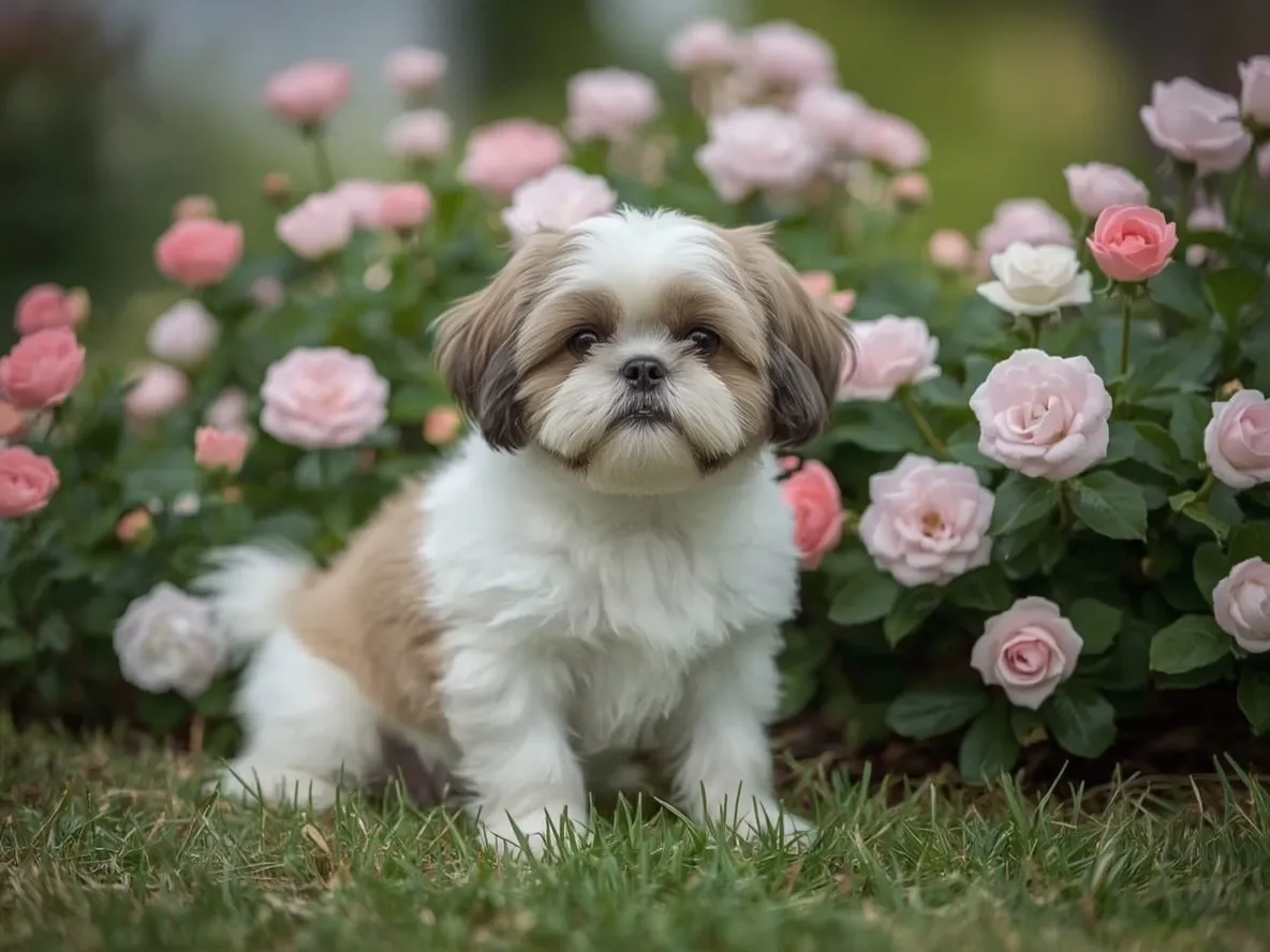 shih tzu sitting near blooming flowers soft natural outdoor scene