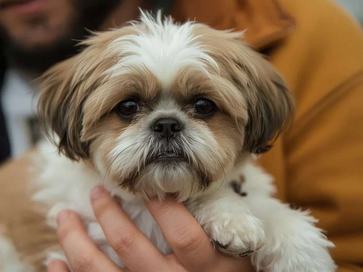 shih tzu being held gently in arms close bonding moment