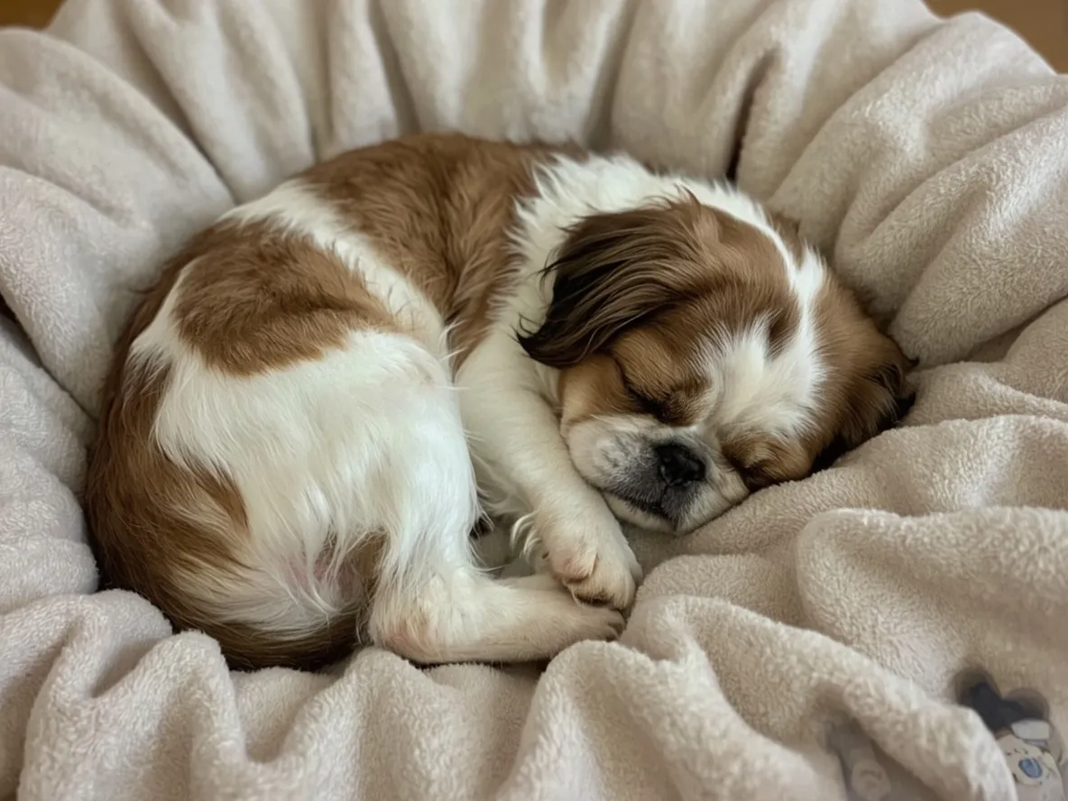 shih tzu sleeping curled up on soft blanket peaceful indoor scene