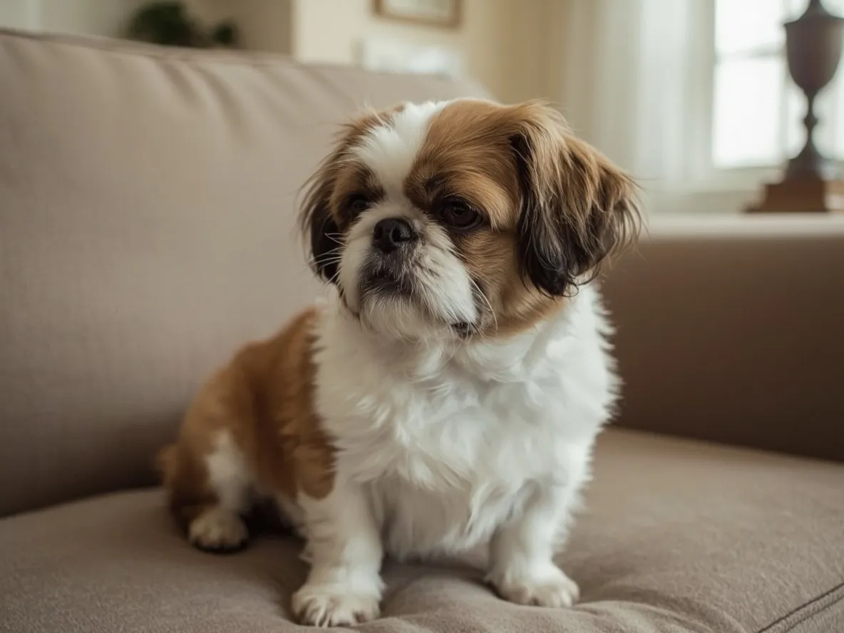 shih tzu sitting quietly on sofa watching room gentle expression