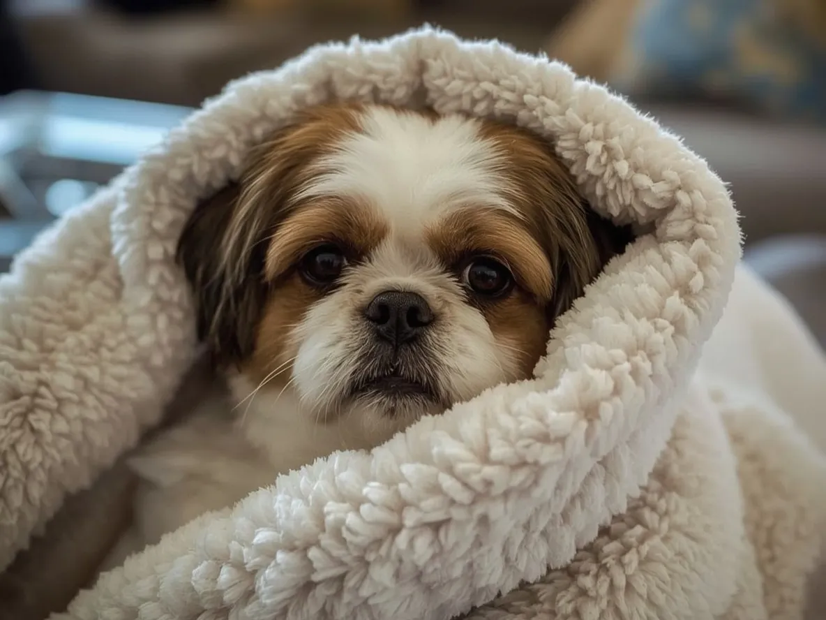 shih tzu wrapped in soft blanket cozy relaxed indoor moment