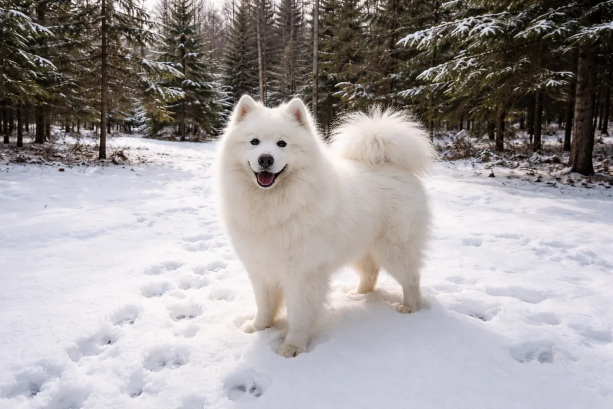 White Samoyed in a snowy yard