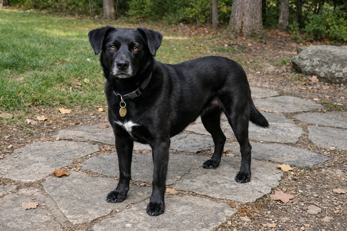 Dark-coated dog with a bold name vibe