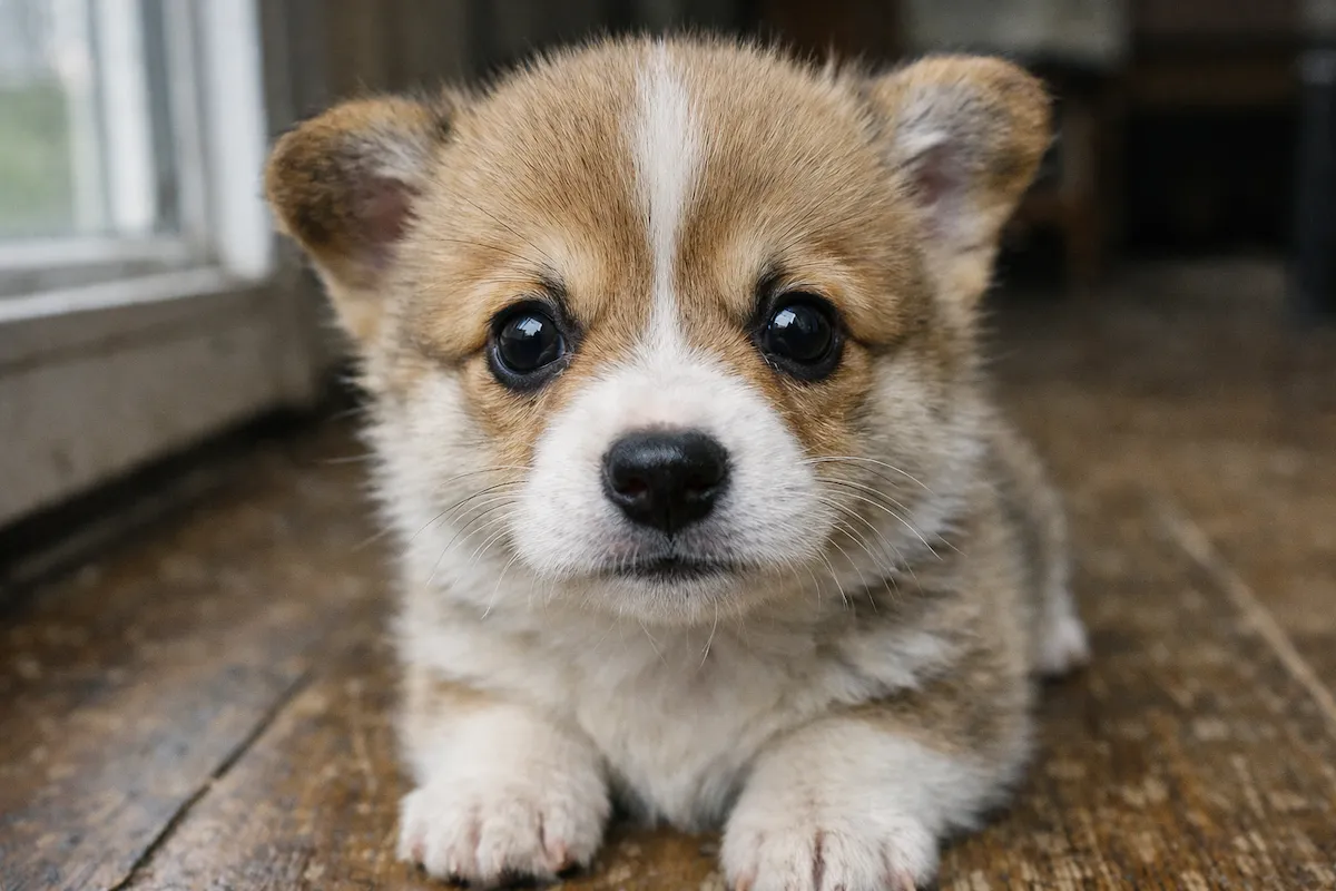 tiny corgi puppy looking at camera close up