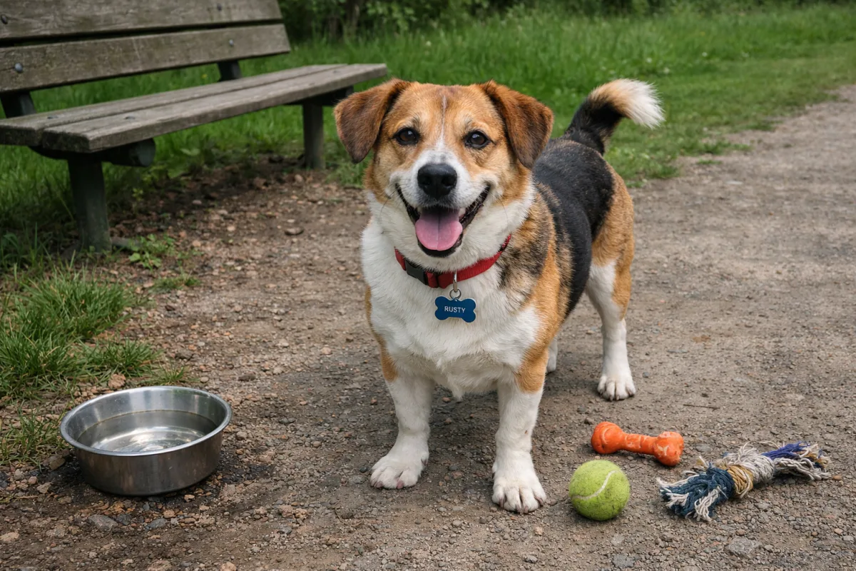 Dog with a unique name tag at the park