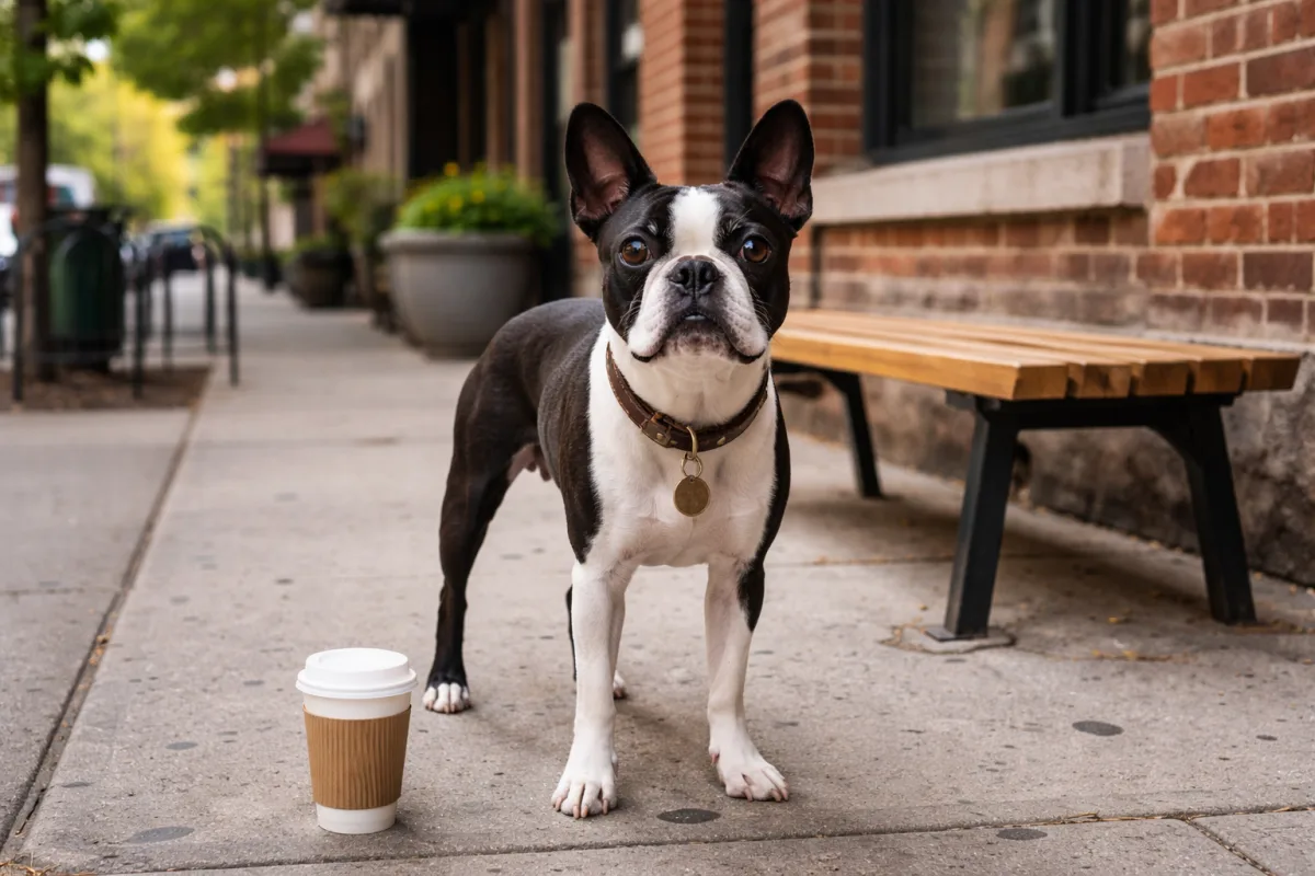 Boston Terrier with a stylish city name vibe
