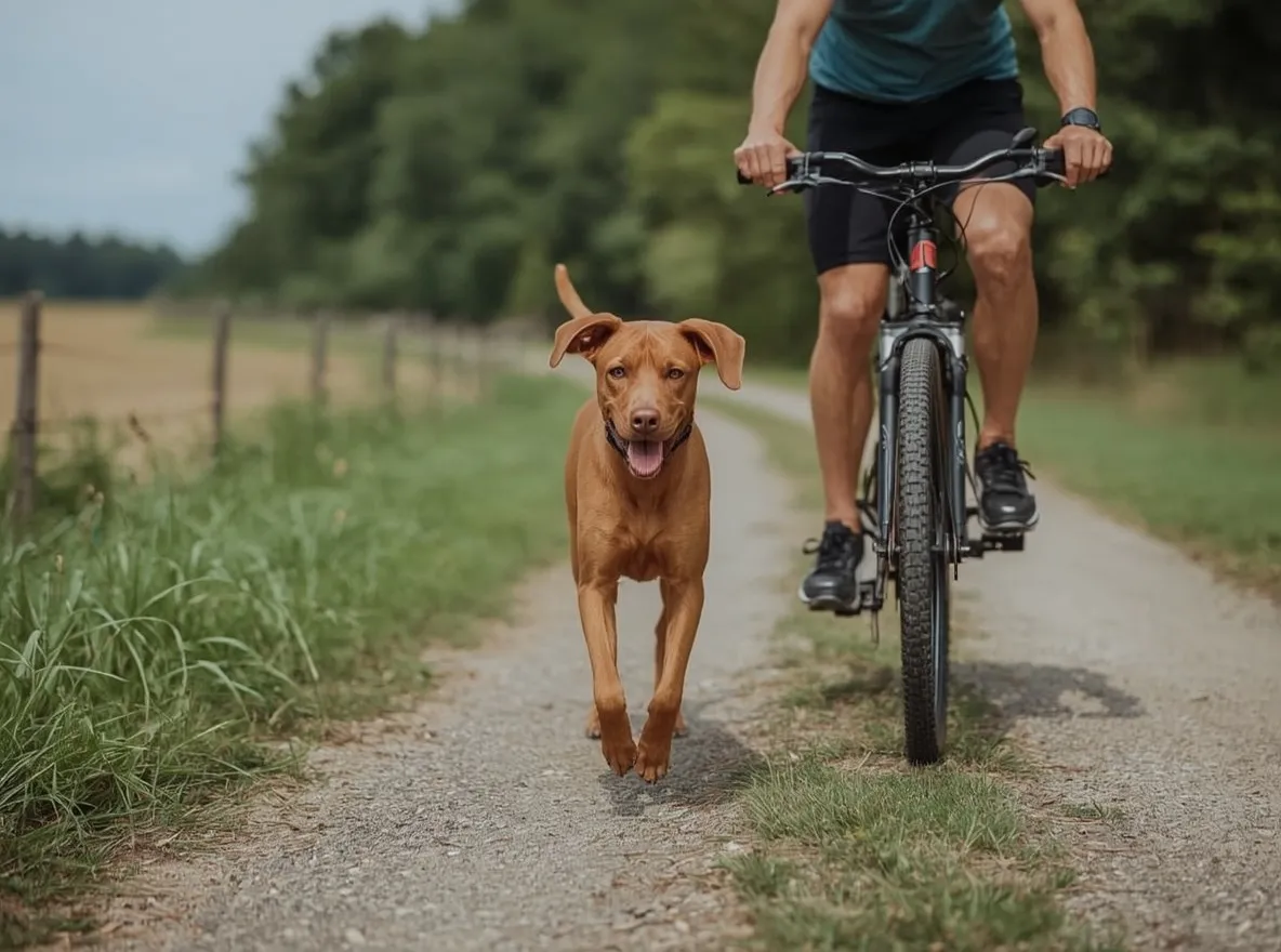 vizsla trotting beside bicycle on country path active lifestyle scene