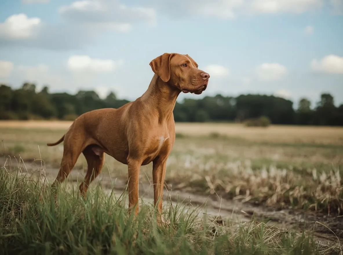 vizsla standing at edge of open field scanning distance alert look