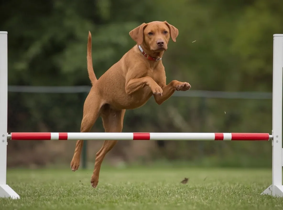 vizsla jumping over low obstacle athletic movement outdoor training