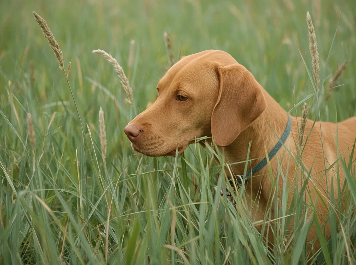 vizsla dog in classic pointing stance in tall grass focused posture