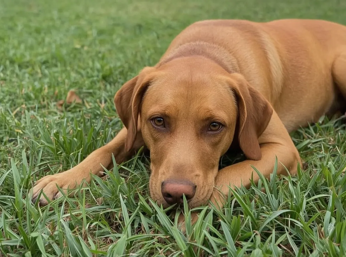 vizsla resting on grass after activity relaxed breathing outdoor scene