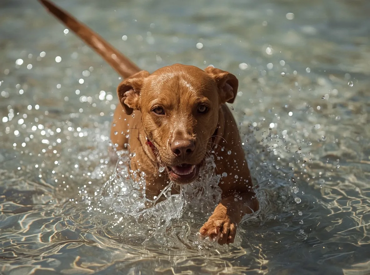 vizsla running through shallow water splashing droplets energetic motion