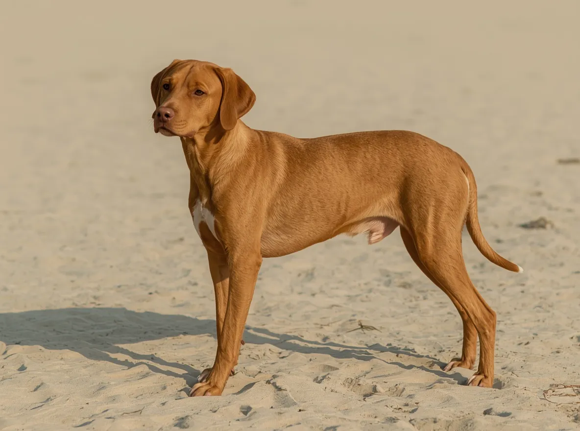 vizsla standing on sandy terrain wind moving ears focused posture