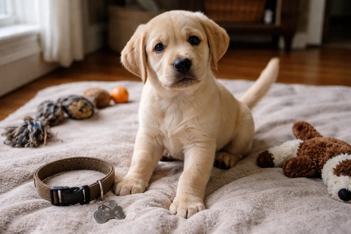 Labrador puppy beside a collar tag