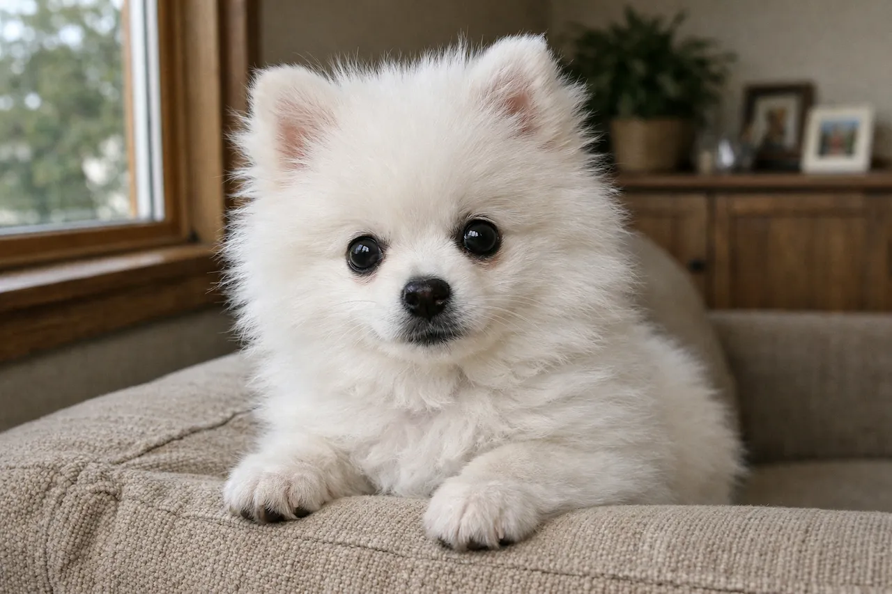 white pomeranian puppy looking curious