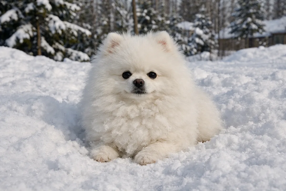 white pomeranian sitting on snow