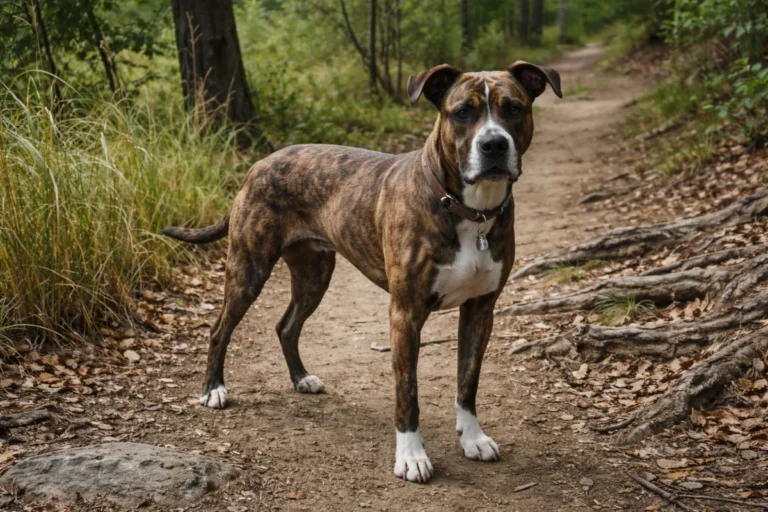 Brindle dog in a forest clearing