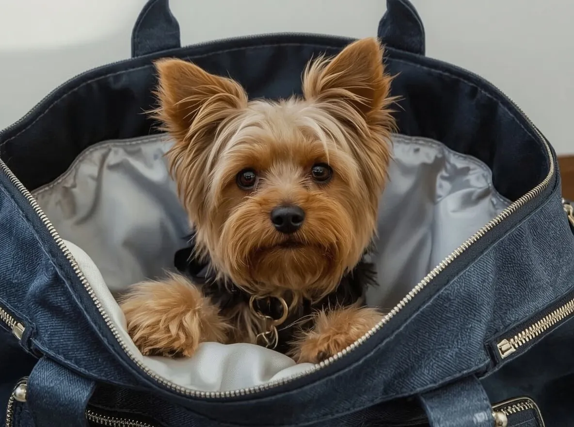 yorkshire terrier sitting inside small pet carrier bag elegant travel look