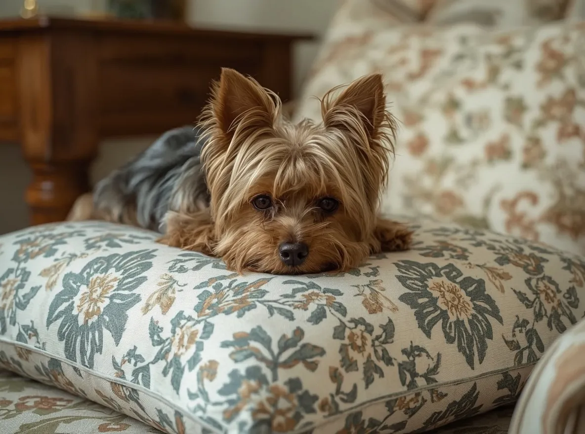 yorkshire terrier resting on decorative pillow indoor cozy setting