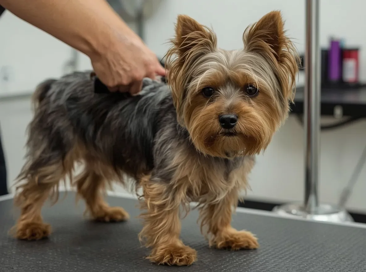 yorkshire terrier being gently brushed on grooming table silky coat detail