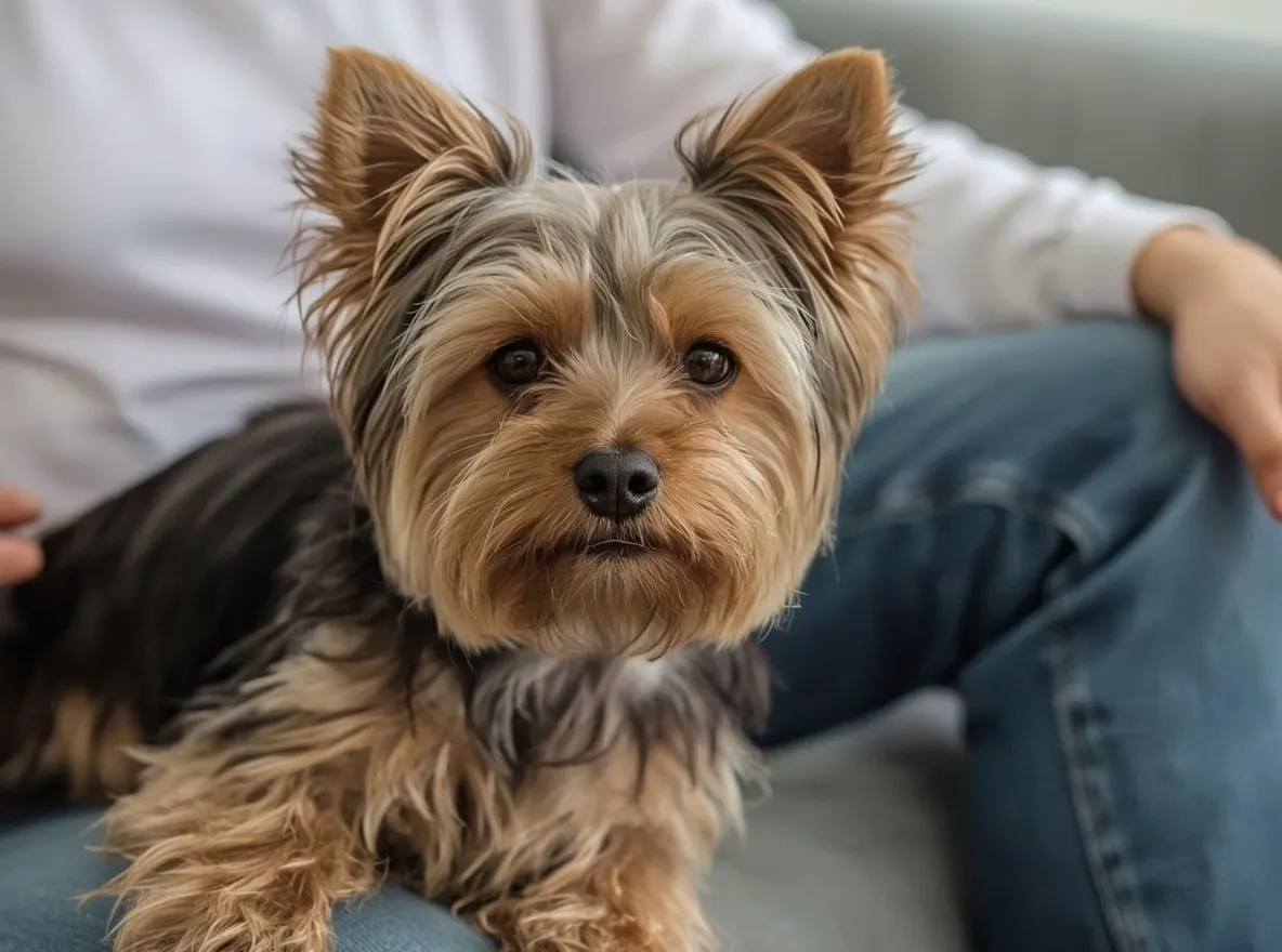 yorkshire terrier sitting on lap calm companion indoor scene