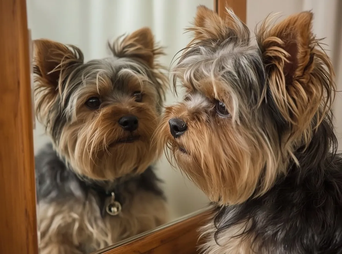 yorkshire terrier looking at reflection in mirror curious pose