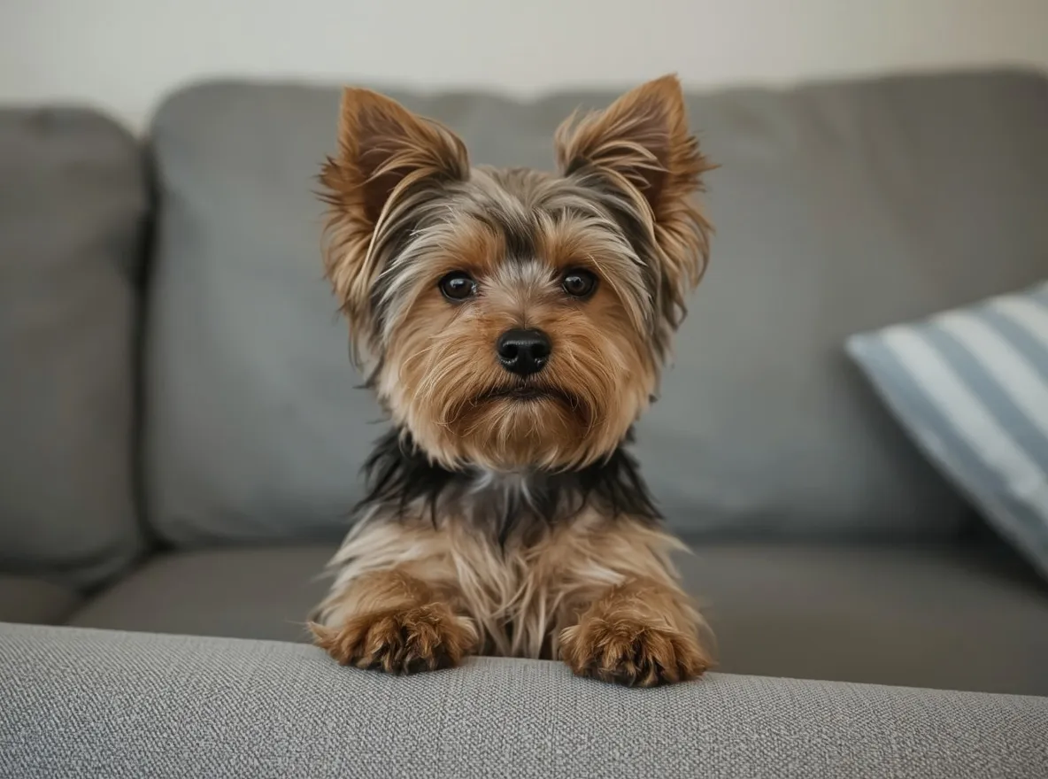 yorkshire terrier standing with front paws on sofa edge attentive look