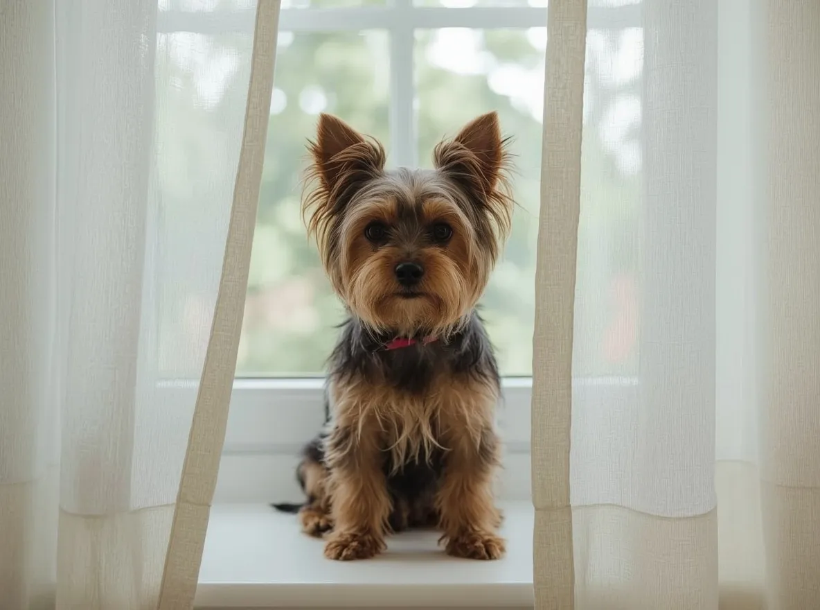 yorkshire terrier sitting between curtains near window soft daylight