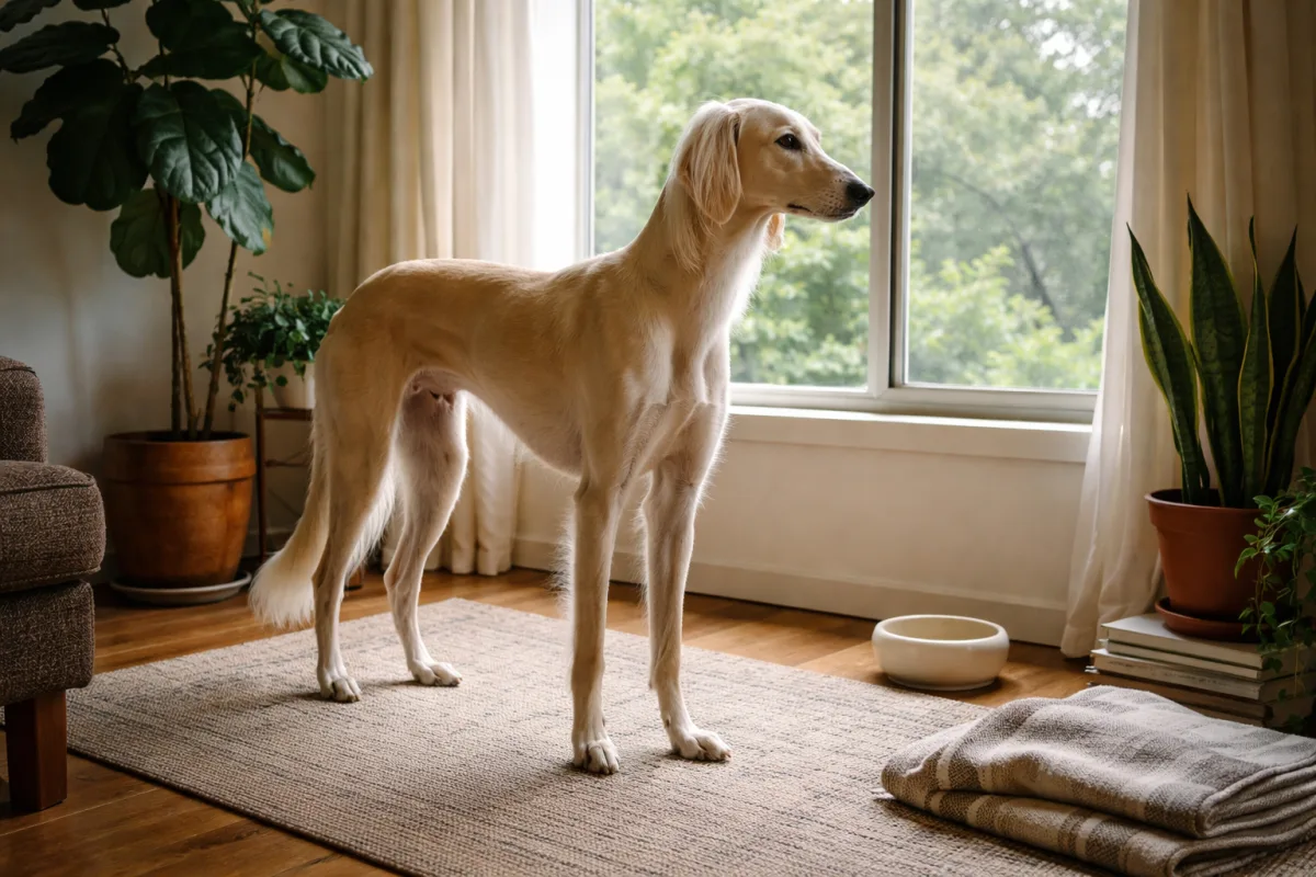 Tall graceful dog beside flowing curtains