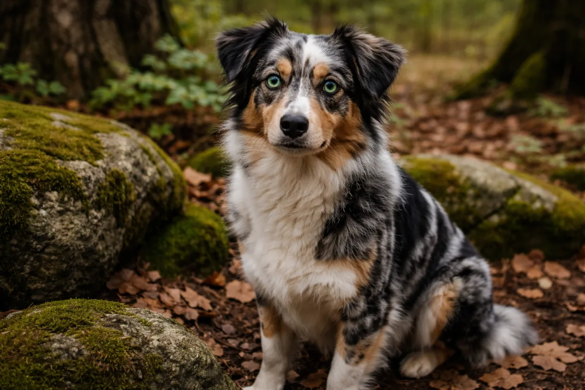 Green-eyed dog with unique coat and nature-inspired name