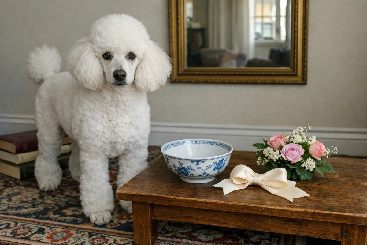 Elegant poodle standing near flowers