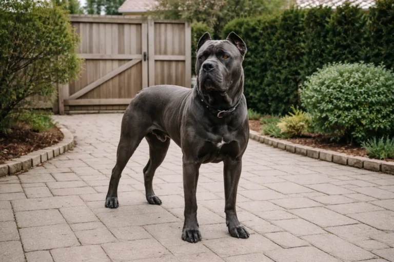 Cane Corso standing watch in a quiet yard